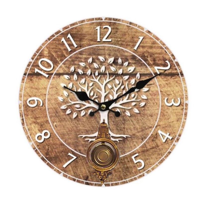 Round wooden tree of life clock with pendulum 58 cm